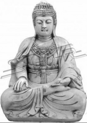 Sculpture de Bouddha en effet de pierre. Grande figurine pour décor de jardin.