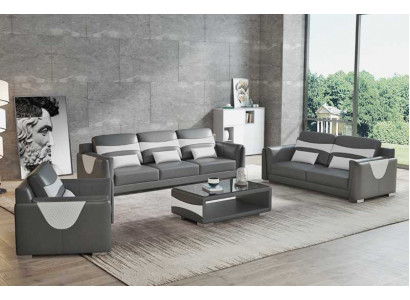 Ensemble de canapé de luxe complet, ensemble de canapé en cuir synthétique gris 3-2-1