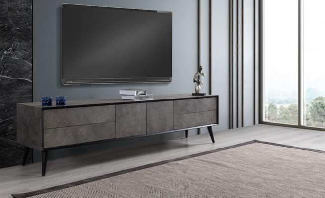 TV-cabinet Lowboard Stand TV Salon Gris Bois Buffet Table Moderne