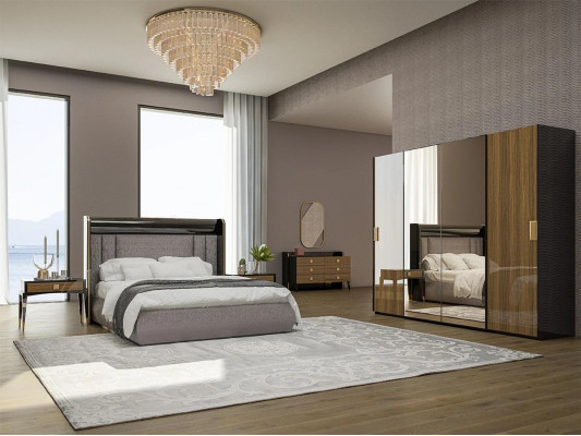 Luxueux ensemble de 6 pièces chambre à coucher lit double avec commode et miroir 2 tables de chevet