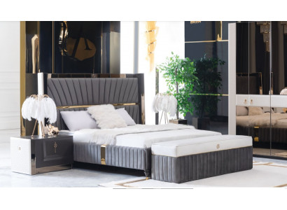 Lit de luxe 180x200cm avec tête de lit en bois et 2 tables de chevet. Nouveau meuble italien.