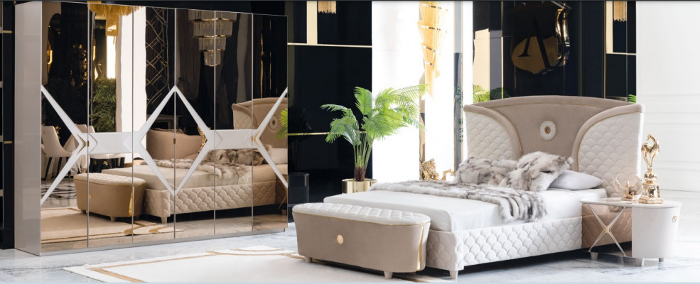 Lit Table de chevet Armoire Ensemble de chambre à coucher 6 pièces Design Luxe Tabouret Moderne
