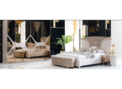 Lit Table de chevet Armoire Ensemble de chambre à coucher 6 pièces Design Luxe Tabouret Moderne