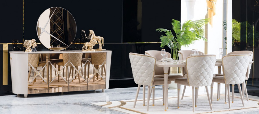 Salle à manger Ensemble Groupe Suite Table nouvelle Table à manger 6x Chaises Commode Miroir 9pcs