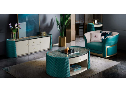Base de table basse en bois, cuir turquois moderne, nouveau design de meubles en 2 pièces.