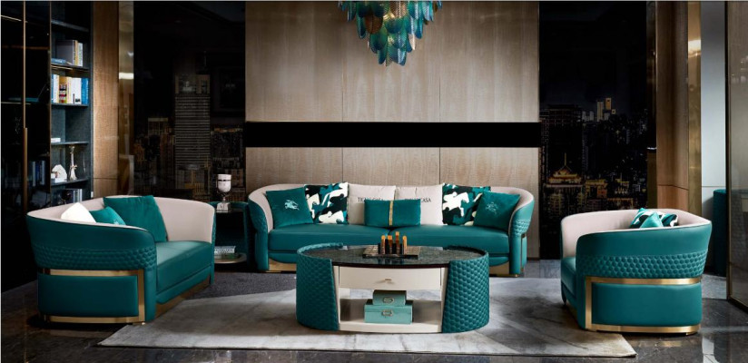 Table basse en bois et cuir turquoise ovale design moderne mobilier de luxe salon 140x83