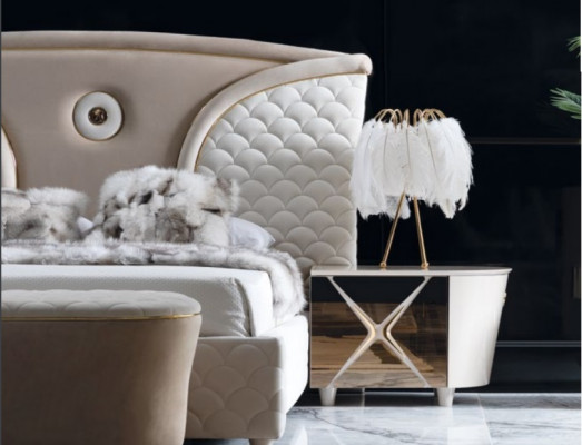 Lit Table de chevet Armoire Ensemble de chambre à coucher 6 pièces Design Luxe Tabouret Moderne