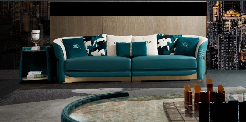 Canapé 3 places en cuir turquoise de luxe à design moderne italien