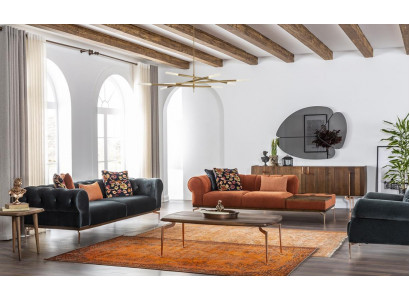 Ensemble de canapés 3 places Canapé Canapés Tissu Système audio Bleu Orange Fauteuil