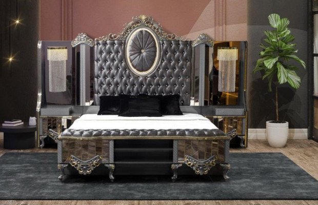 Chambre à coucher Suite Double Lit de Luxe Ensemble Noir Classique 3 pièces.