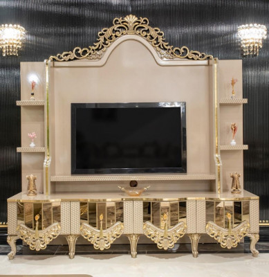 Unité murale de luxe, support TV, meuble TV, buffet en bois, salon beige, meubles, bahut