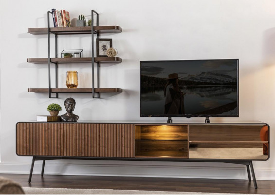 Meuble TV bas télévision étagères buffet salle de séjour en bois brun moderne