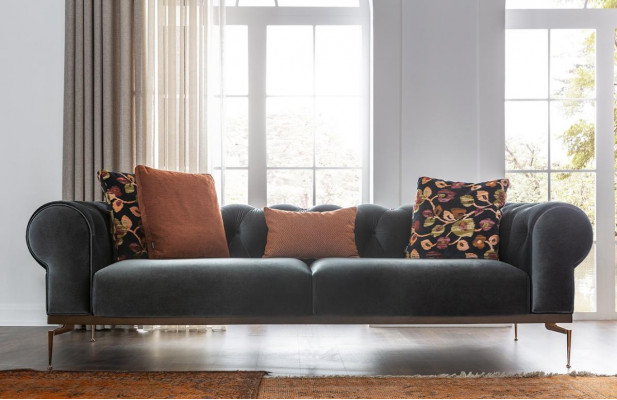 Canapé moderne Chesterfield trois places, canapé 3 places en tissu canapés canapé en tissu bleu