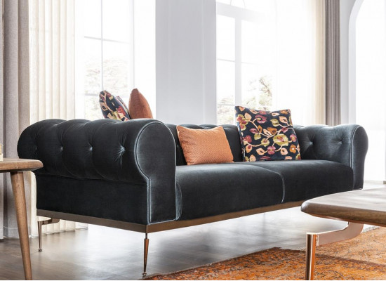 Canapé moderne Chesterfield trois places, canapé 3 places en tissu canapés canapé en tissu bleu