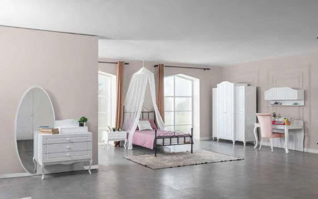 Lit à baldaquin Lit en métal Ensemble de chambre à coucher Table de chevet Mobilier blanc Chambre à coucher 2 pièces