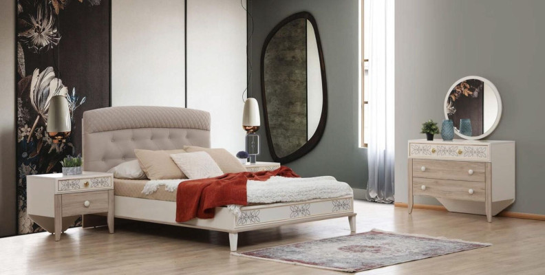 Ensemble de commode avec miroir, coiffeuse, console en bois moderne pour chambre à coucher.