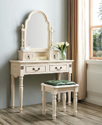 Table de maquillage de coiffeuse avec miroir et tabouret en bois 2 pièces.