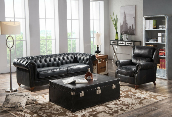 Canapé Chesterfield 3 places avec fauteuil en cuir noir vintage Style de mobilier 2 pièces. nouveau
