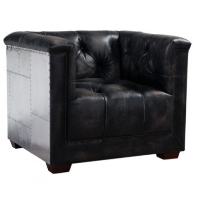 Fauteuil en cuir noir véritable, fauteuil en cuir design aviateur