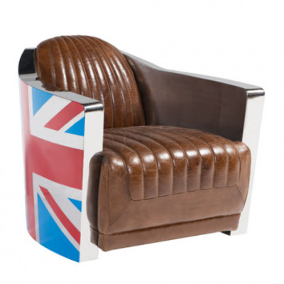 Le fauteuil club rétro aviateur Union Jack en cuir marron vintage.