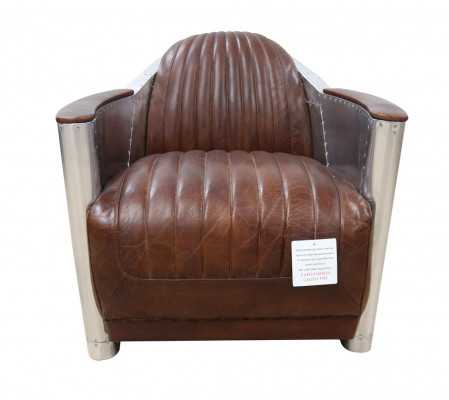 Fauteuil Club de style aviateur en cuir art déco avec finition chrome.