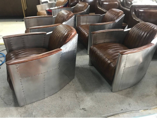 Fauteuil en cuir véritable Canapé Sofa Club d'avion Salon rétro Aviateur Vintage Aluminium