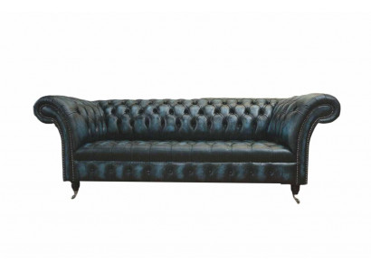 Canapé classique 3 places en tissu en cuir bleu Chesterfield