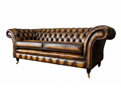 Canapé marron 3 places, design Chesterfield, assise rembourrée en cuir neuf