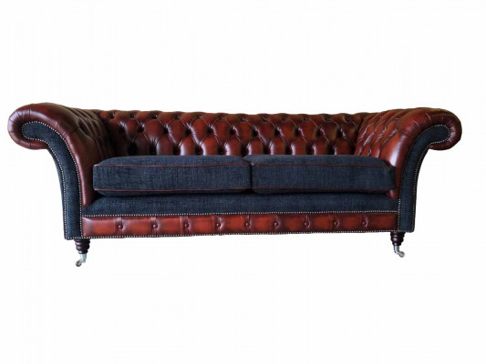 Moderne Design Wohnzimmer Sofa 3-Sitzer Braune Chesterfield Couch Lederbezug Textil neu