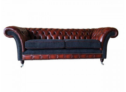 Moderne Design Wohnzimmer Sofa 3-Sitzer Braune Chesterfield Couch Lederbezug Textil neu