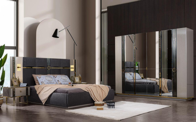 Meubles de chambre de luxe Lit double Tables de chevet Gris 4 pièces Armoire Lit