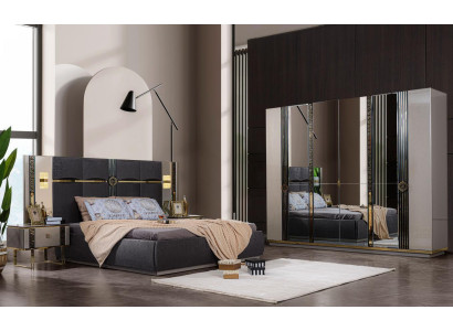Meubles de chambre de luxe Lit double Tables de chevet Gris 4 pièces Armoire Lit