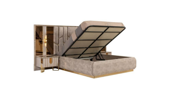 Chambre Lit double Suite Lit Tables de chevet 3 pièces Beige Luxe