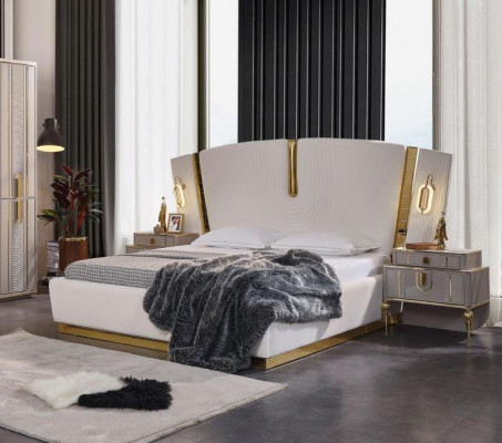 Chambre Lit double Suite Lit Tables de chevet Blanc Luxe 3 pièces