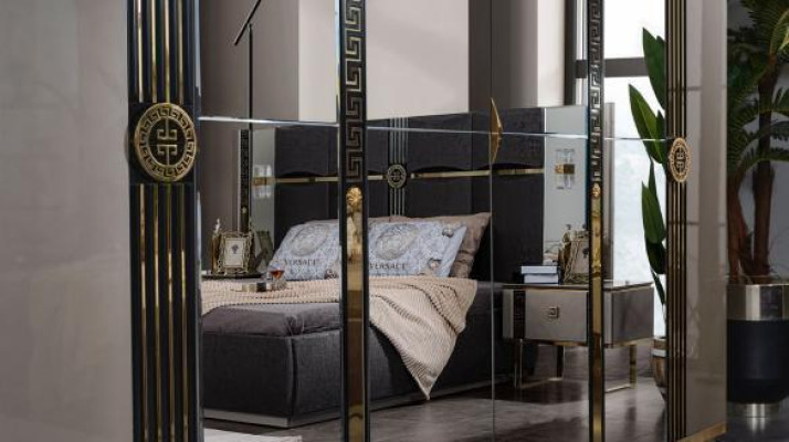 Meubles de chambre de luxe Lit double Tables de chevet Gris 4 pièces Armoire Lit