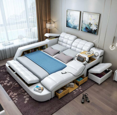 Lit Double Étagères Cuir Rembourrage Lits Multifonctionnels avec Nouvelle Fonction de Massage
