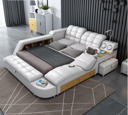 Lit Double Étagères Cuir Rembourrage Lits Multifonctionnels avec Nouvelle Fonction de Massage