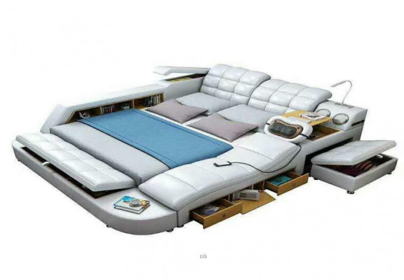 Lit Double Étagères Cuir Rembourrage Lits Multifonctionnels avec Nouvelle Fonction de Massage