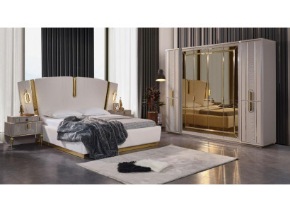 Lit double Suite Chambre Lit Tables de chevet 4 pièces Beige Armoire