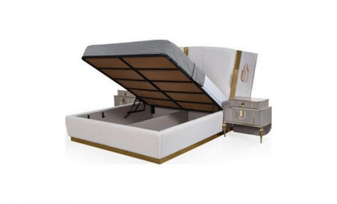 Lit double Suite Chambre Lit Tables de chevet 4 pièces Beige Armoire
