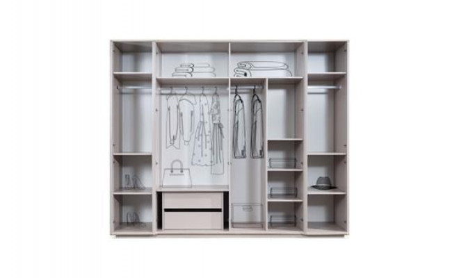 Lit double Suite Chambre Lit Tables de chevet 4 pièces Beige Armoire