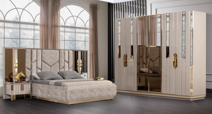 Suite Chambre Lit double Lit Tables de chevet Beige Armoire 4 pièces