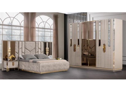 Suite Chambre Lit double Lit Tables de chevet Beige Armoire 4 pièces
