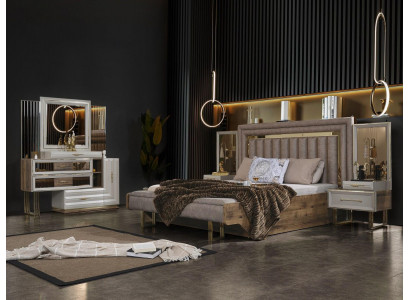 Mobilier de chambre Lit double Lit Tables de chevet Console Beige de luxe 4 pièces
