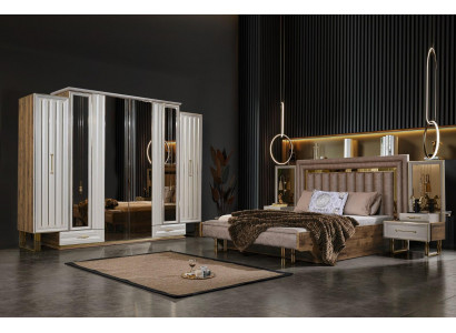 Meubles de chambre complète Lit double Lit Tables de chevet Beige 4 pièces