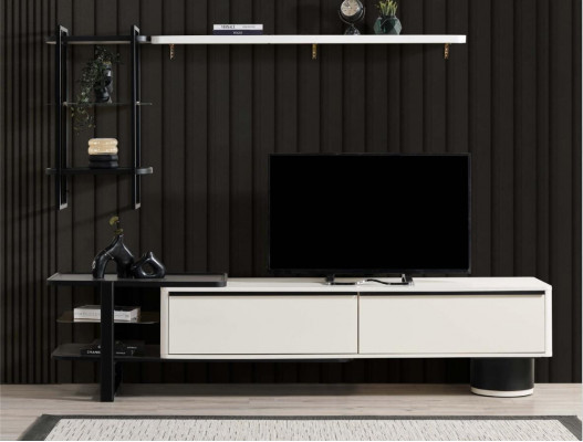 Salle de séjour Meuble TV Buffet bas Meuble TV Armoire Bois Blanc Étagères Unité murale