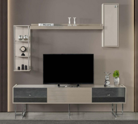 Unité murale Meuble de télévision Meuble TV Buffet Basse Armoire en bois Étagères Gris Salon