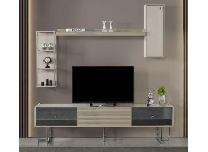 Unité murale Meuble de télévision Meuble TV Buffet Basse Armoire en bois Étagères Gris Salon