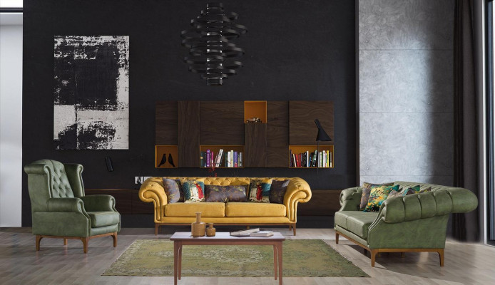 Vert-Jaune Canapé Trois Places De Luxe Designers Fauteuil 3+3+1 Ensemble