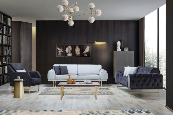 Ensemble de canapés noir et blanc 3 places + 3 places, élégant fauteuil une place sofas